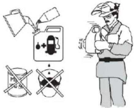 Safety warning illustration showing fire extinguisher use, fuel can, and no-ditchable items with a worker holding a device
