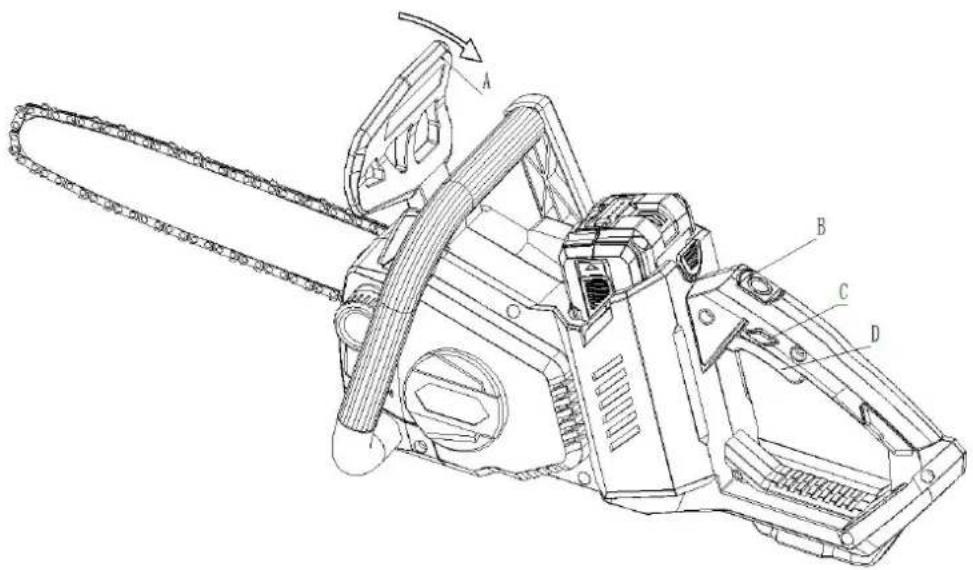Technical line drawing of a chain-linking device with labeled parts A, B, C, and D