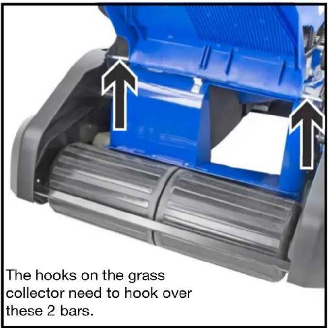 The hooks on the grass collector need to hook over these 2 bars.