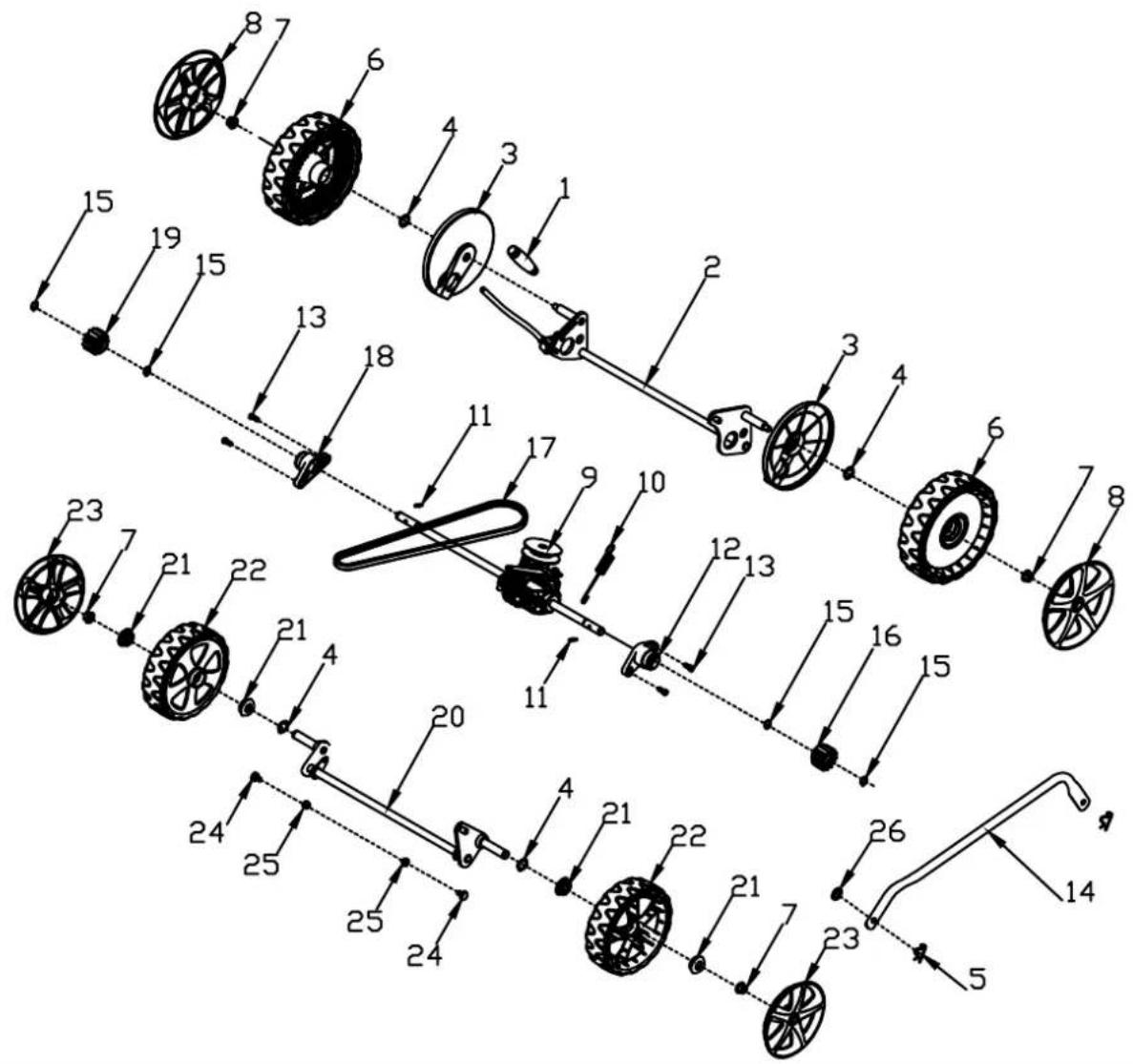 Technical diagram of a multi-wheeled vehicle with numbered components and directional arrows indicating assembly or kinematics.
