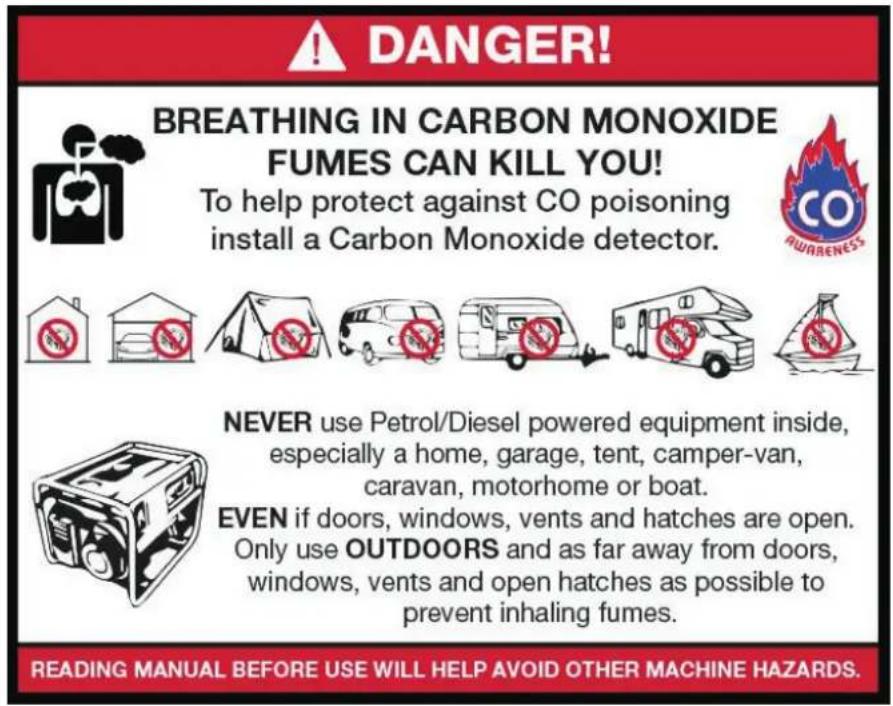 DANGER! BREATHING IN CARBON MONOXIDE FUMES CAN KILL YOU! To help protect against CO poisoning install a Carbon Monoxide detector. NEVER use Petrol/Diesel powered equipment inside, especially a home, garage, tent, camper-van, caravan, motorhome or boat. EVEN if doors, windows, vents and hatches are open. Only use OUTDOORS and as far away from doors, windows, vents and open hatches as possible to prevent inhaling fumes. READING MANUAL BEFORE USE WILL HELP AVOID OTHER MACHINE HAZARDS.