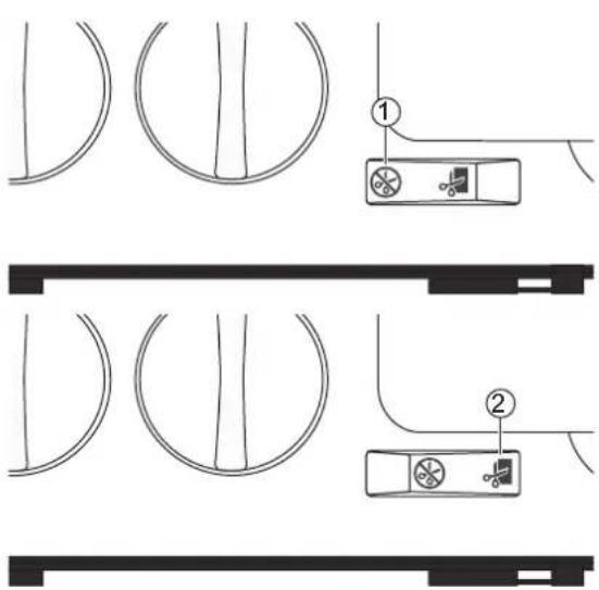 Diagram showing two configurations of circular components with labeled parts, including a vehicle and fan icon.