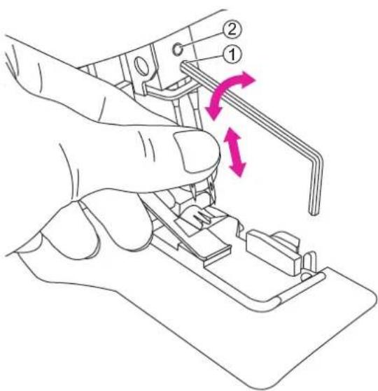 Technical diagram showing a hand operating a sewing machine with labeled parts and directional arrows indicating motion or movement.