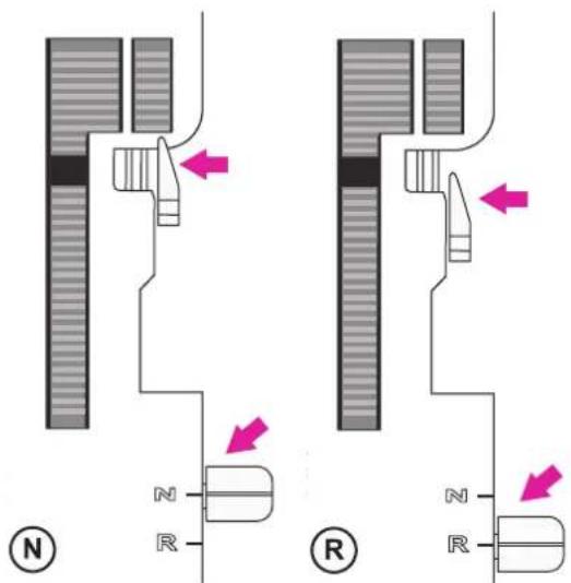 Technical diagram showing two mechanical or electrical component configurations labeled N and R, with directional arrows indicating movement or force.