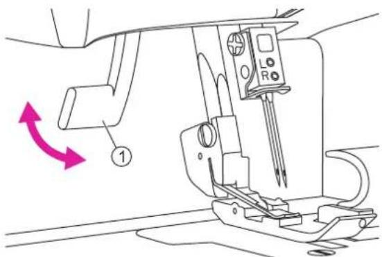 Technical diagram of a sewing machine with labeled parts and directional arrows indicating movement or rotation.