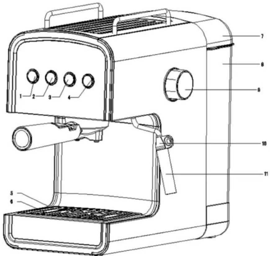 Technical diagram of a microwave oven with numbered parts for identification