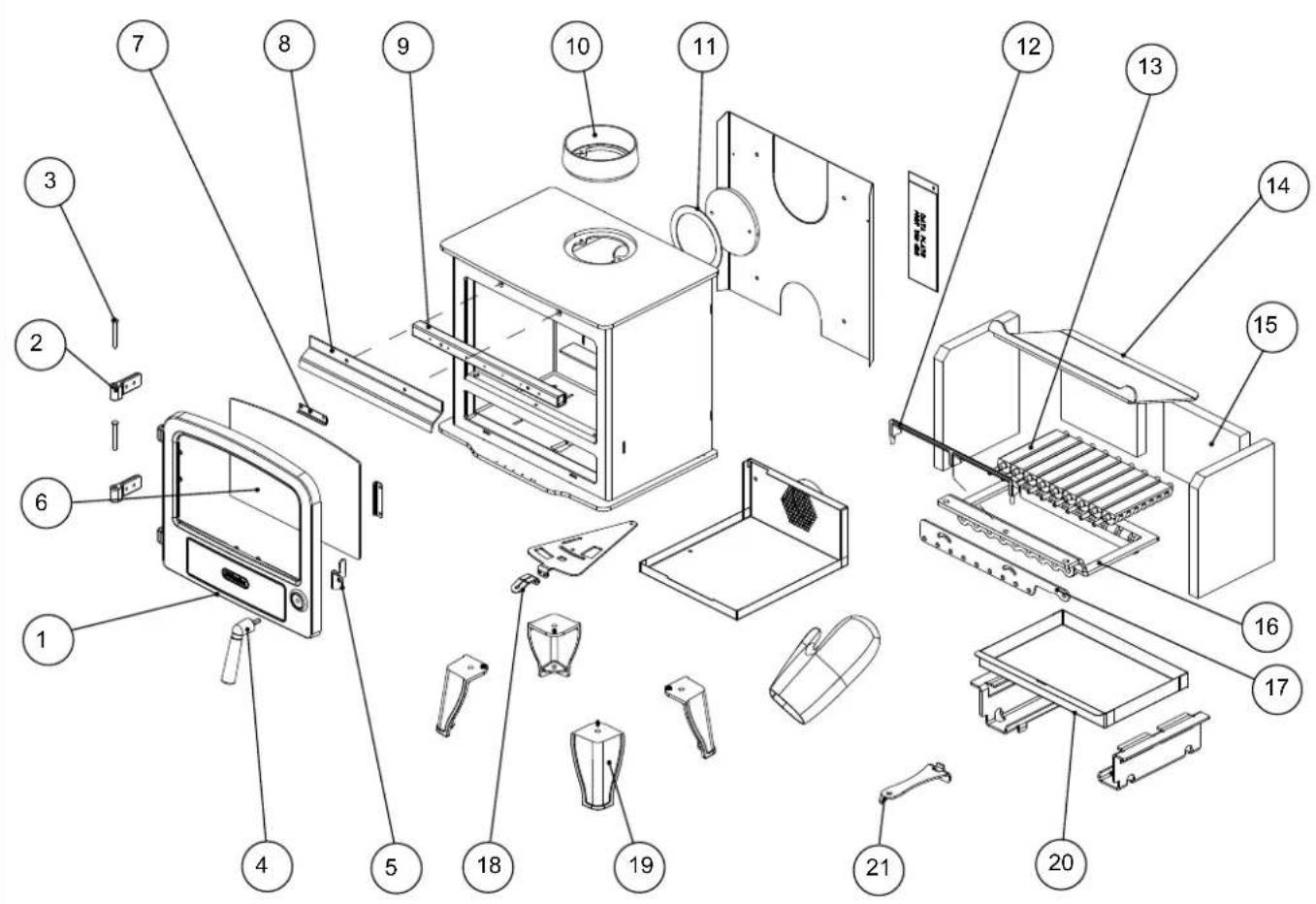 Exploded view diagram of a microwave oven assembly with numbered parts for identification