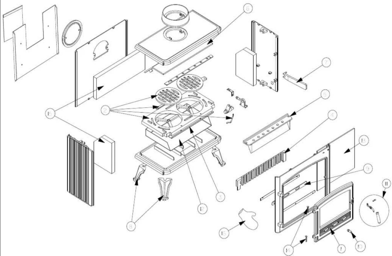 Exploded view diagram of a refrigerator assembly with numbered parts for identification