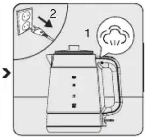 Diagram showing a kettle with two outlets and a smokestack emitting smoke, labeled with numbers 1 and 2.
