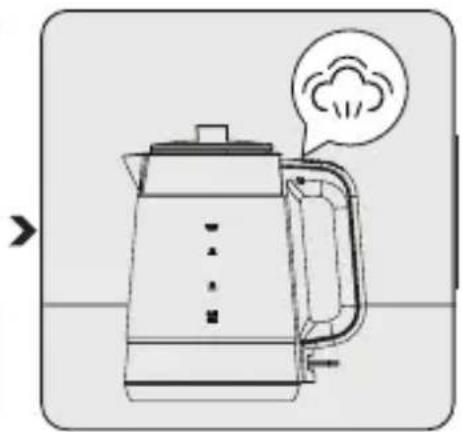 Line drawing of a kettle with a speech bubble indicating sound or vibration (no text or symbols)