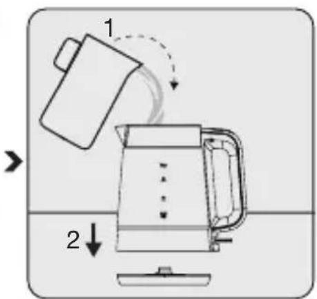 Diagram showing a kettle being placed on top with labeled parts and directional arrows indicating motion or movement.