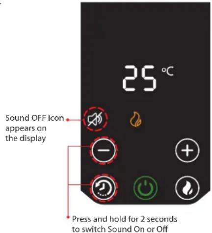 25 °C Sound OFF icon appears on the display Press and hold for 2 seconds to switch Sound On or Off