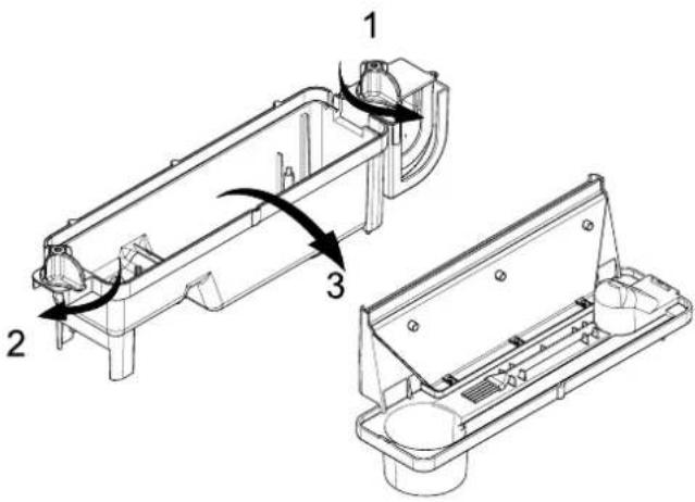 Technical diagram of a mechanical assembly with numbered components and directional arrows indicating motion or assembly.