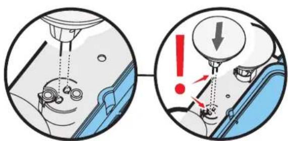 Diagram illustrating mechanical assembly steps with warning symbols and labeled components