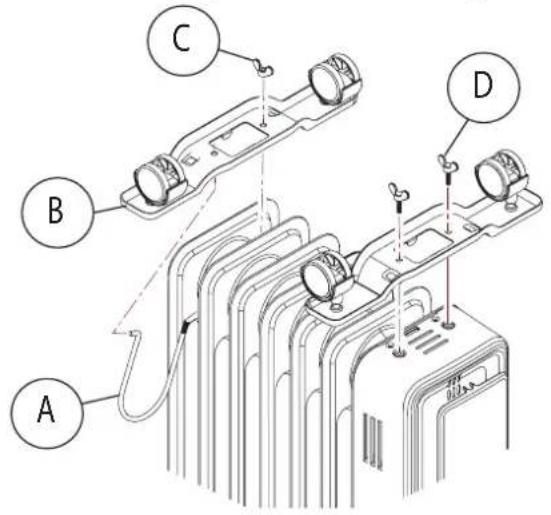 Technical diagram of a multi-chamber electrical component with labeled parts A, B, C, and D