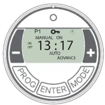 P1 ON MANUAL ON ON OFF 13:17 AUTO ADVANCE PROG ENTER MODE