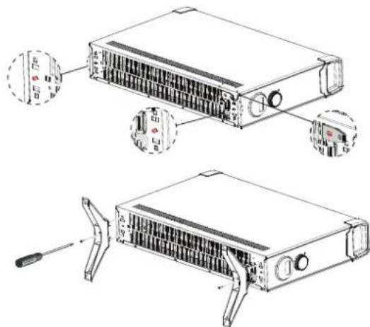 Technical diagram showing exploded view of a server rack with labeled components and parts, including a screwdriver and fan base.