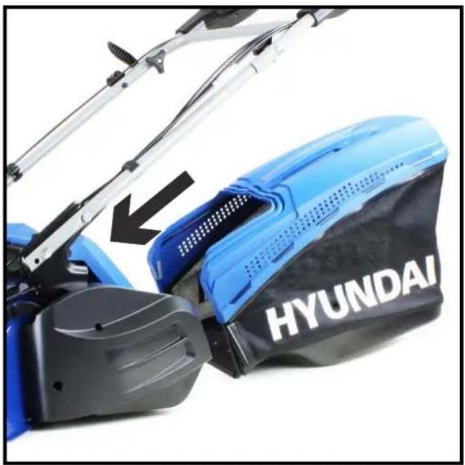 Close-up of a blue Hyundai excavator with a black handle and white exhaust cover, no visible text or symbols on the device itself.