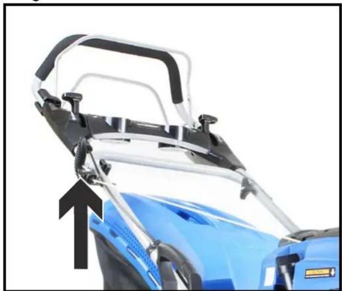 Close-up of a blue lawn mower with adjustable frame and mounting bracket (no text or symbols visible)