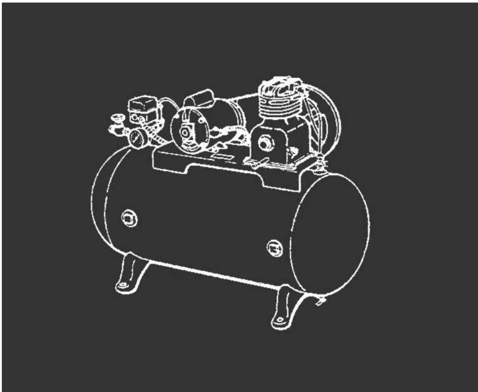 Line drawing of an air compressor with pressure gauges and tank (no text or symbols)