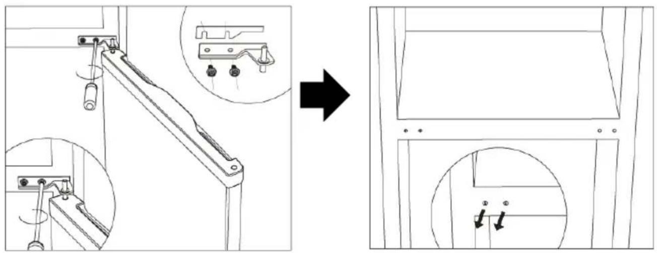 Technical diagram showing mechanical assembly steps with magnified views and directional arrow indicating transformation