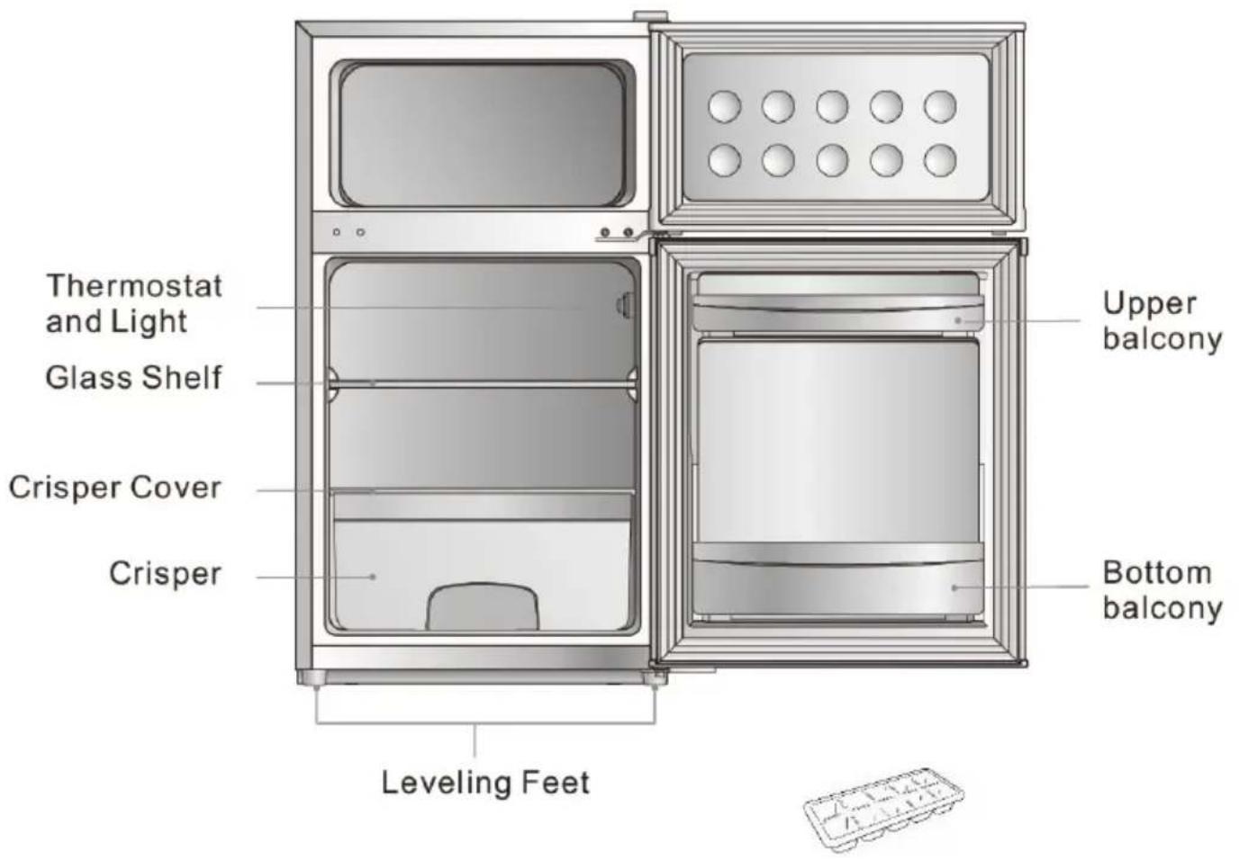 Thermostat and Light Glass Shelf Crisper Cover Crisper Leveling Feet Upper balcony Bottom balcony