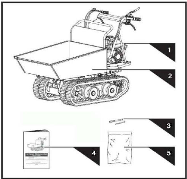 Technical diagram of a tracked agricultural machine with labeled parts and a packaging box for product identification.