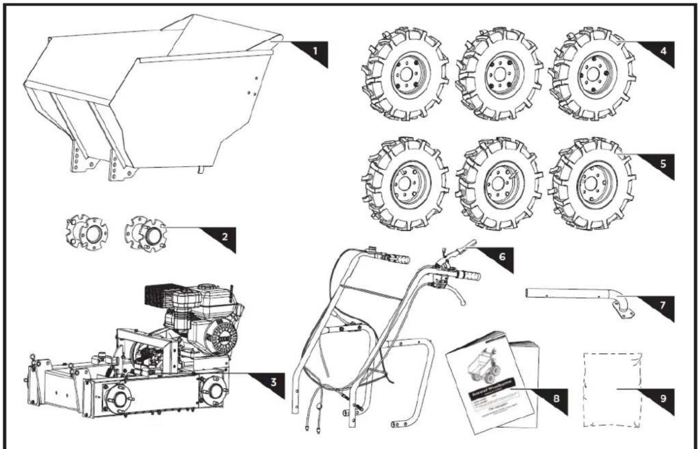 Technical diagram of a mechanical assembly with numbered parts and exploded views, including a tractor, gear, and wheel components.