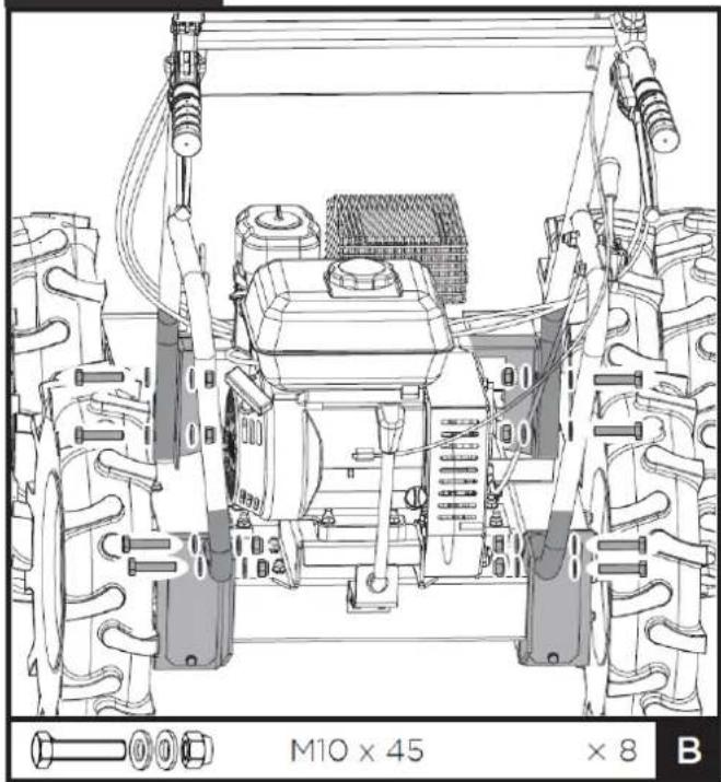 Technical line drawing of a tractor frame with visible motors and suspension components (no text or symbols)