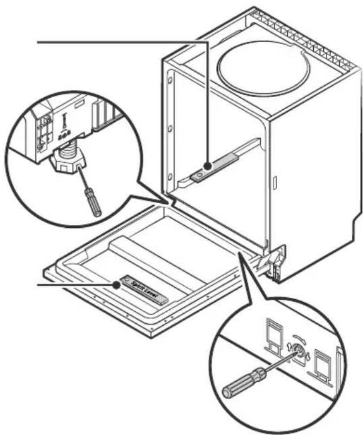 Technical diagram showing exploded view of a washing machine with labeled components and close-ups of internal parts.