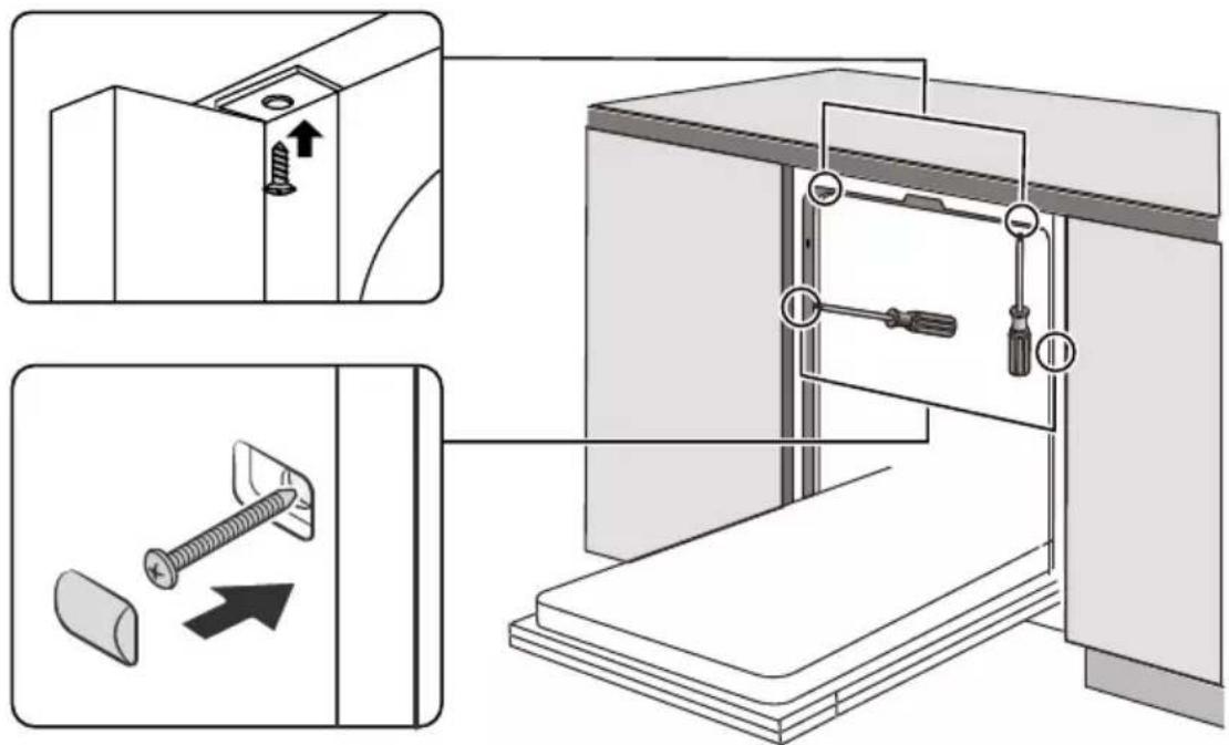 Technical diagram illustrating screw fastening and mounting process with labeled components and directional arrows