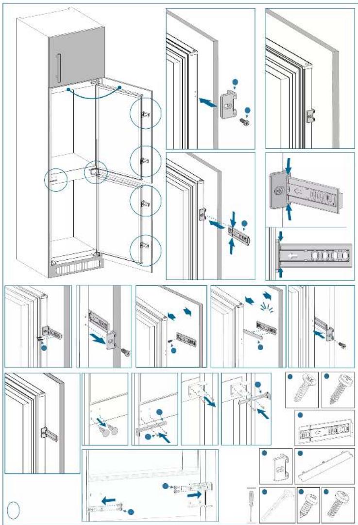 Technical diagram illustrating door frame installation steps with labeled components and directional arrows indicating movement.