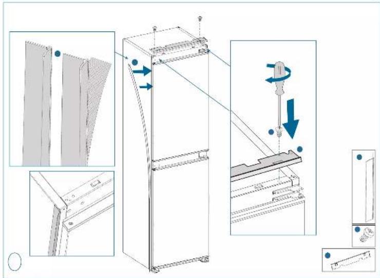 Technical diagram illustrating the assembly of a refrigerator with labeled components and directional arrows indicating motion or assembly steps.