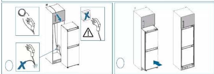 Diagram illustrating the installation of an air conditioner unit with warning symbols and safety instructions