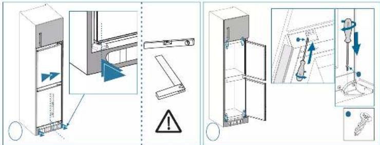 Technical diagram illustrating door panel installation and safety warning, with labeled components and directional arrows