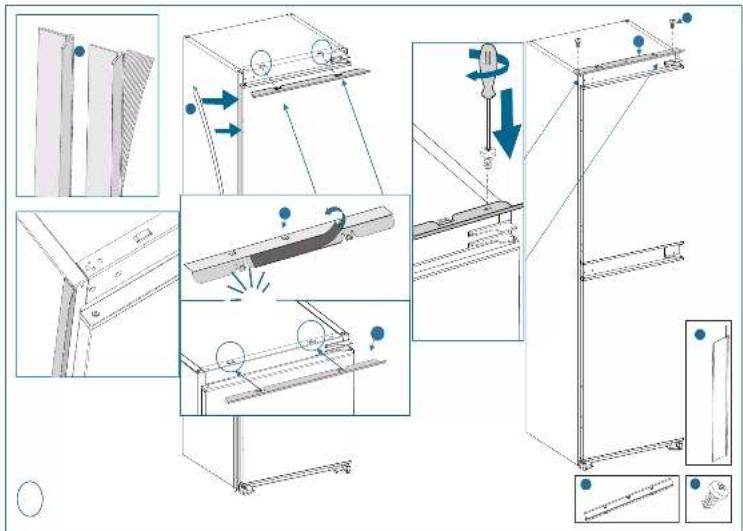 Technical diagram illustrating mechanical assembly steps with labeled components and directional arrows indicating motion or force directions.