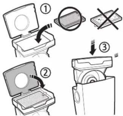 Diagram illustrating three steps of installing a device into a box, with numbered instructions and magnified views.
