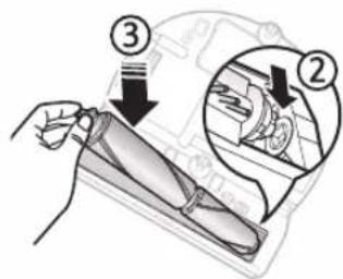 Diagram showing a hand holding a device with labeled parts and directional arrows indicating process steps