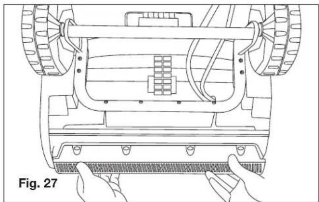 Technical line drawing of a vehicle chassis with visible components and hands adjusting parts (no text or symbols)