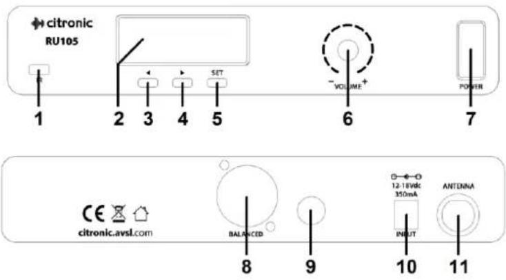 citronic RU105 1 2 3 4 5 SET - VOLUME+ 6 POWER 7 CE citronic.avsl.com BALANCED 8 9 10 ANTENNA INPUT