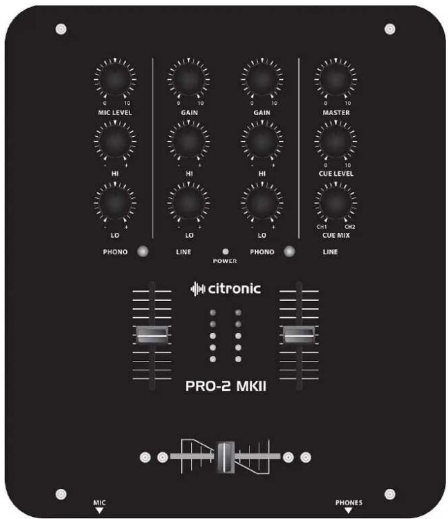 MIC LEVEL GAIN GAIN MASTER HI HI HI CUE LEVEL LO LO LO CH1 CH2 CUE MIX PHONO LINE POWER PHONO LINE citronic PRO-2 MKII MIC PHONES