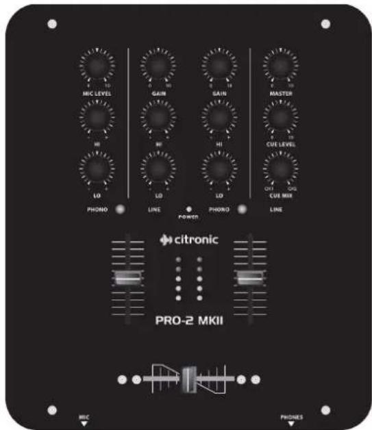 MIC LEVEL GAIN GAIN MASTER HI HI CUE LEVEL LO LO LO CUE MIX PHONO LINE POWER PHONO LINE citronic PRO-2 MKII MIC PRONES