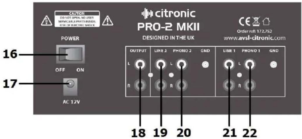 CAUTION DO NOT OPEN, NO USER SERVICABLE PARTS INSIDE, RISK OR ELECTRIC MLOCK POWER OFF ON AC 12V 16 17 citronic PRO-2 MKII DESIGNED IN THE UK CE Order ref: 172.752 www.avsl-citronic.com OUTPUT LINE 2 PHONO 2 GND LINE 1 PHONO 1 GND L L R R 18 19 20 21 22