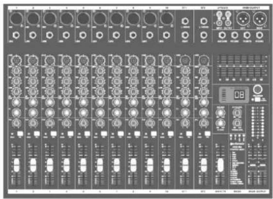 Front panel of a multi-channel audio recording or audio processing system with labeled knobs, switches, and control buttons.