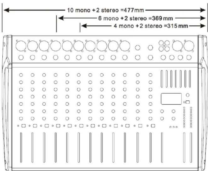 10 mono + 2 stereo =477mm 6 mono + 2 stereo =369 mm 4 mono + 2 stereo =315 mm
