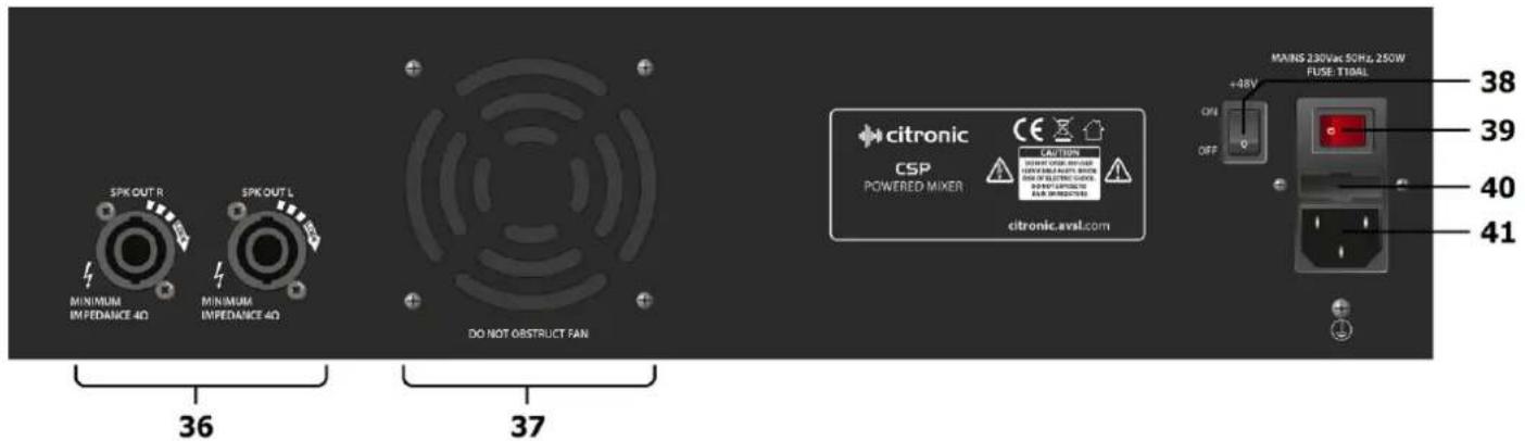 SPK OUT R MINIMUM IMPEDANCE 40 SPK OUT L MINIMUM IMPEDANCE 40 DO NOT OBSTRUCT FAN 36 37 citronic CSP POWERED MIXER CAUTION CURRENT POWER CONTROL CURRENT POWER CONTROL CURRENT POWER CONTROL citronic aval.com +48V OFF MAINS 230Vac 50Hz, 250W FUSE T19AL 38 39 40 41