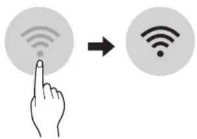 Diagram showing a hand pointing at a Wi-Fi icon with signal symbols, followed by an arrow to the Wi-Fi icon.