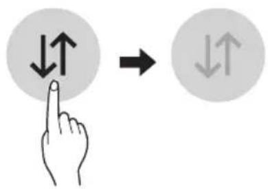 Diagram showing hand gesture pointing to two circular icons with upward and downward arrows, indicating directional movement or navigation.