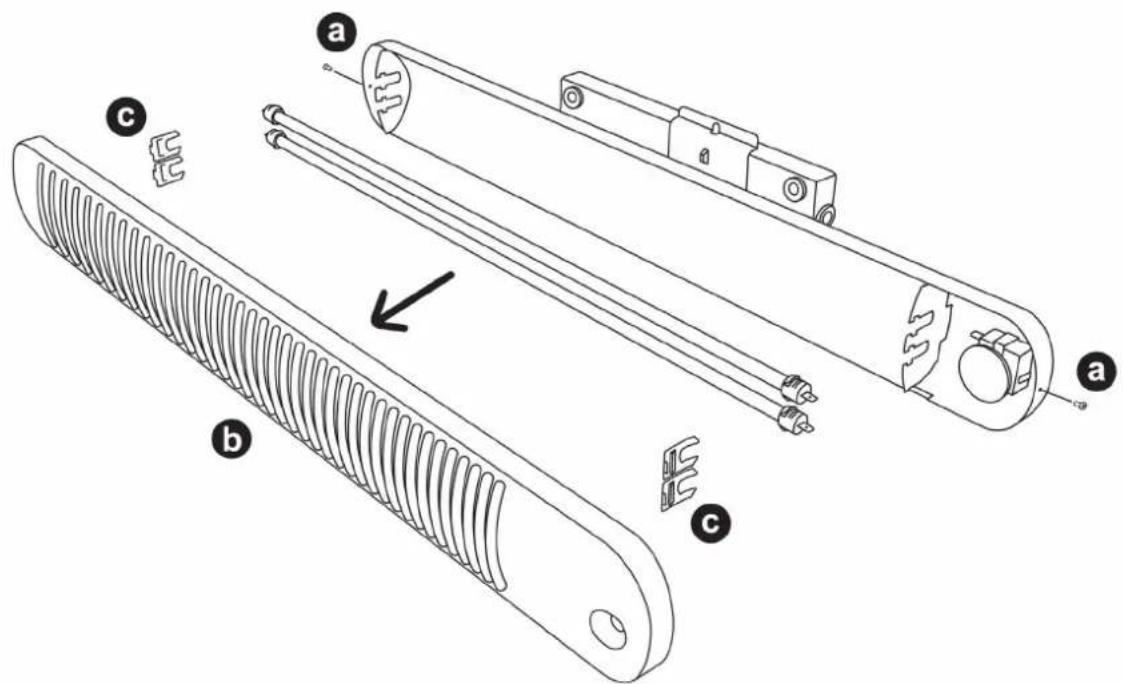 Technical diagram of a mechanical component with labeled parts (a, b, c) and internal structure features