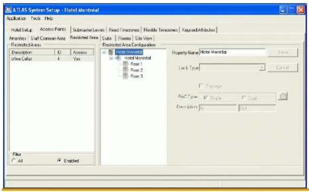 ATLAS System Setup - Hotel Nomreal Application Tools Help Hold Setup Access Points Submaster Levels Fixed Timetones Flexible Timetones KeycardAttributes Arambers | Soft Common Area Restricted Area State Room Site View Restricted Area Description ID Access Wine Delay 4 Yes Restructed Area Configuration Property Name: Hotel Nomada Host Nomatal Row 1 Row 2 Row 3 Property Name: Hotel Nomada Lock Type: Case List Facing RAC Type: F Rate F Rate Description: Out